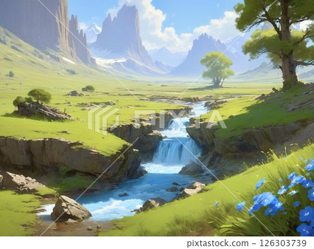 清新翠綠的平原和溪流 126303739