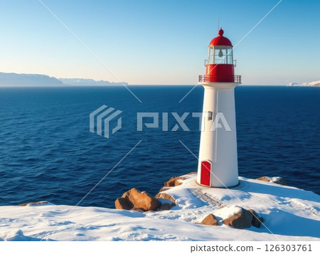 Snowy Coastal Lighthouse on a Winter Day Snowy Coastal Lighthouse on a Winter Day 126303761