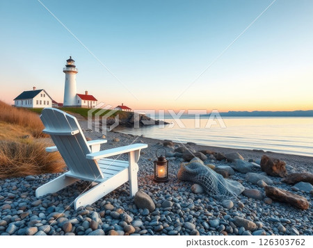Peaceful Coastal Sunset with Lighthouse and Beach Chair 126303762