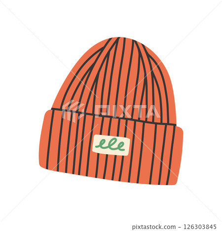 Red knitted hat. Camping wool cap. Fashion head accessory, warm wearing for cold weather. Knitted beanie, woolen knitwear in trendy style. Flat vector illustration isolated on white background Red knitted hat. Camping wool cap. Fashion head accessory, warm wearing for cold weather. Knitted beanie, woolen knitwear in trendy style. Flat vector illustration isolated on white background 126303845