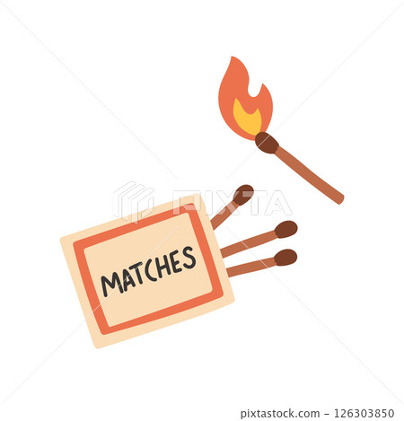 Simple matches set. Burning match with fire. Vector illustration flat style isolated on white background. Burnt matchstick with smoke and red matchbox icon 126303850