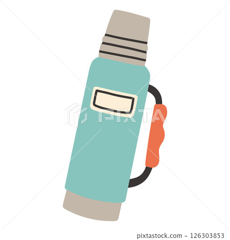 Simple camping blue thermos. Outdoor camp thermos bottle isolated flat design for hot drinks and soup 126303853