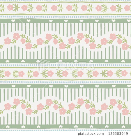 Vector cute cartoon hand drawn illustration. Seamless pattern of pink flowers and leaves on horizontal striped background with heart. Ideal for textile print, baby clothes, wallpaper, cleaning. 126303949