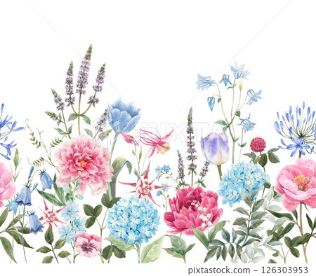 Watercolor Wildflower Border, Delicate Floral Herbs with Peonies, Meadow Seamless hand drawn Pattern Watercolor Wildflower Border, Delicate Floral Herbs with Peonies, Meadow Seamless hand drawn Pattern 126303953