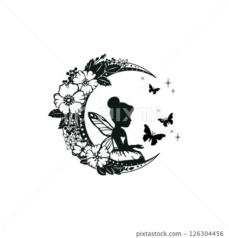 Silhouette of a fairy with flowers and moon. 126304456