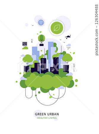 Green city with much trees. Smart urban life. Poster, infographic element 126304488