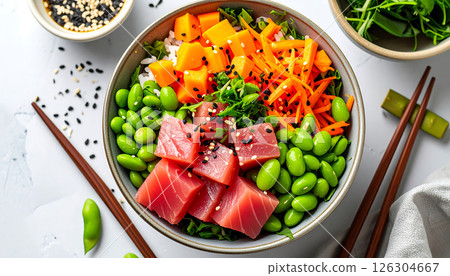A vibrant poke bowl filled with fresh tuna, edamame, and vegetables sits on a marble surface with chopsticks. A vibrant poke bowl filled with fresh tuna, edamame, and vegetables sits on a marble surface with chopsticks. 126304667