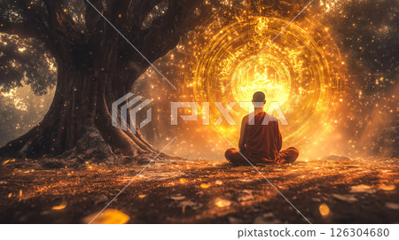 A monk meditates peacefully under the Bodhi tree. The concept of mindfulness, spiritual awakening, enlightenment, and inner peace in Buddhist practice. Generative AI. 126304680