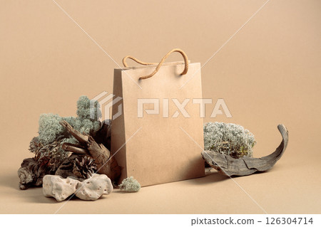 Paper bag and natural dry snags and moss. 126304714