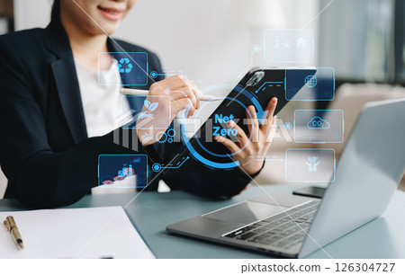 Business working with reduce CO2 concept with icons, global warming such as reforest green factory recycle and zero carbon dioxide Business working with reduce CO2 concept with icons, global warming such as reforest green factory recycle and zero carbon dioxide 126304727