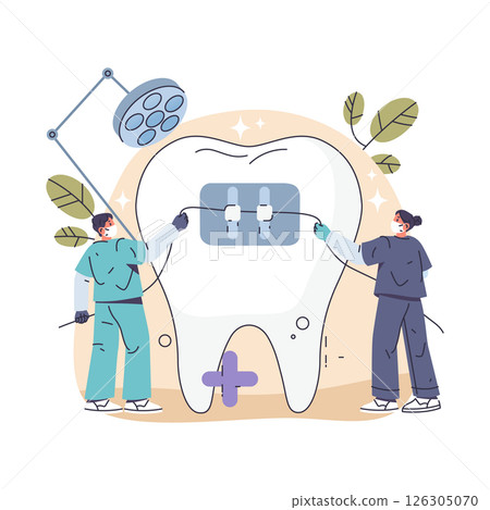 Vector characters installing teeth braces. Cartoon people installing bracket for tooth. Orthodontic procedure and dental alignment. Medical oral professional treatment. Dentistry care. Mouth wire. 126305070