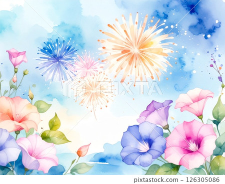 Summer image of watercolor morning glory and fireworks 126305086