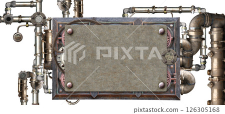 Metallic frame with vintage metal details, pipelines, gear, retro rivets. Isolated on white background. Mock up template. Copy space for text. Can be used for steampunk, industrial, mechanical design 126305168