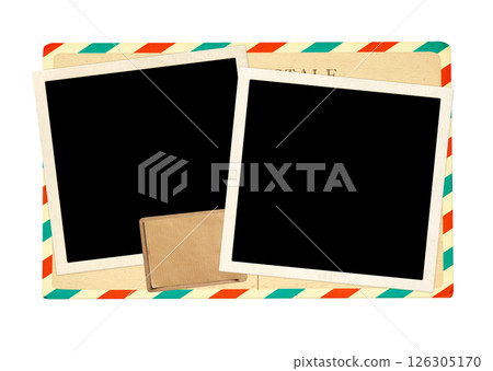 Two retro photoframe and vintage postcard. Old card and blank photo. Isolated on white. Nostalgic scrapbooking mockup template - is perfect way to express creativity and evoke a sense of warm memories 126305170
