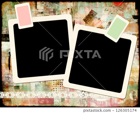 Two retro photo frame on grunge horizontal background with old paper textures. Creative backdrop with abstract pattern in various hues and photo. Copy space for text. Nostalgic scrapbooking style 126305174