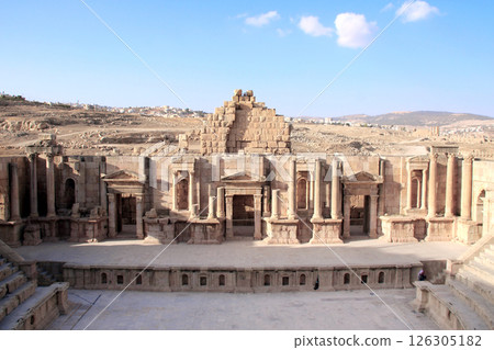 Scene of South Theater in Jerash (Gerasa), ancient roman capital and largest city of Jerash Governorate, Jordan, Middle East. Topic of tours, travel, trip abroad on vacation Scene of South Theater in Jerash (Gerasa), ancient roman capital and largest city of Jerash Governorate, Jordan, Middle East. Topic of tours, travel, trip abroad on vacation 126305182