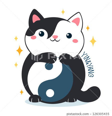 Cat with Yin yang symbol. Cute black and white kitty and yin yang sign. Can be used for t-shirt print, stickers, greeting card design. Vector illustration EPS8 126305435