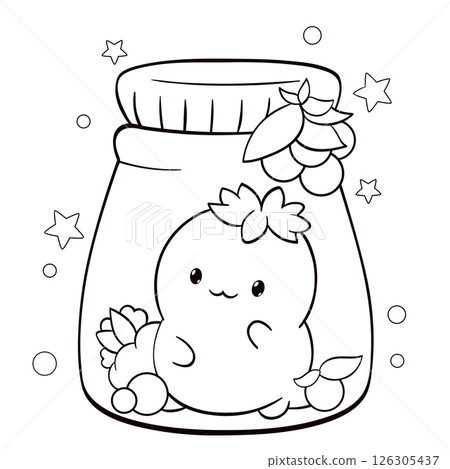 Tiny monster with berries in glass bottle. Color the picture with cute monster. Vector colouring page with cartoon baby monster for children. Educational Game for Kids. Drawing for Preschool children 126305437
