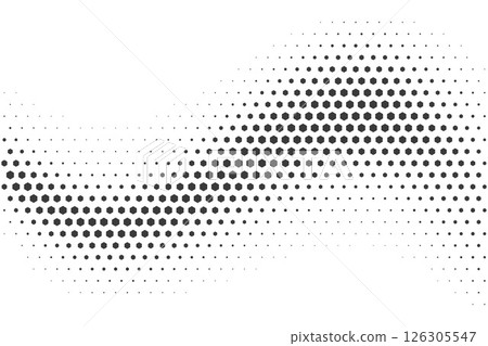 Halftone vector wave with hexagon pattern. Honeycomb gradient fade. Abstract geometric dynamic curved shape on white background. Pixelated 80s distorted warp illustration 126305547