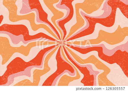 Sun rays retro background with groovy texture. Vector summer abstract poster. Psychedelic wavy radial orange beams. Vintage spiral swirl 60s stripes. 60s modern rainbow design 126305557