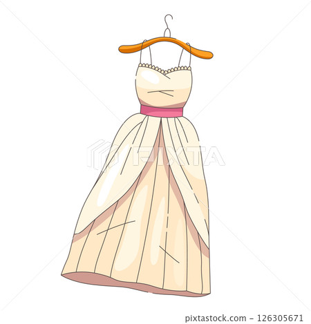 Bridal wedding dress. Vector nuptial gown for ceremony or celebration. Greeting card element with lace and fabric. Love and romantic, feminine symbol. Woman princess sign. Marriage and embroidery. 126305671