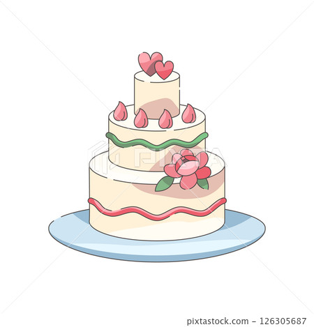 Tiered wedding cake with flower and heart. Vector confectionary with floral decoration. Romantic dessert for nuptial celebration. Greeting or invitational card element. Holiday, celebration. Marriage. 126305687
