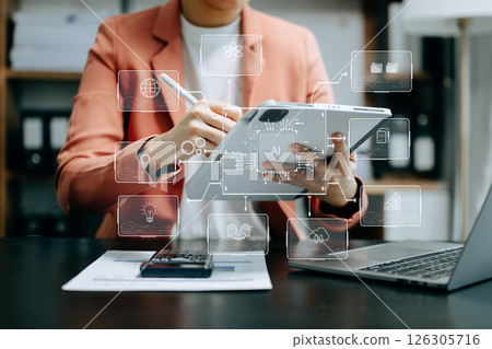 Woman using chat bot in smartphone intelligence Ai. Chat with AI Artificial Intelligence, developed by OpenAI generate. robot in online system 126305716