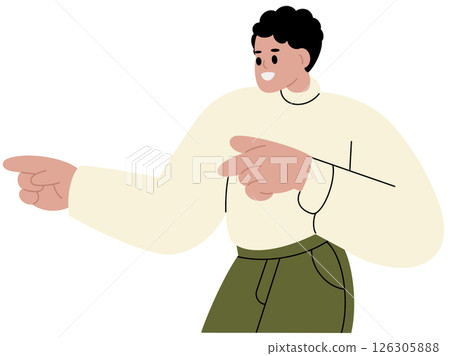 Man pointing with fingers, showing hand gesture. Happy smiling male indicating direction, presenting, advertising with excited emotion expression. 126305888