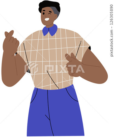 Happy black boy shows hand gesture of love sign, Korean heart. Young man points forward at you, winks. Joyful person indicates on choice with index finger.  126305890