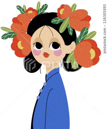 A women Floral Silence in Blue, Poise in Petals Muted Beauty in Full Bloom with a large flower on her head on white background. A women Floral Silence in Blue, Poise in Petals Muted Beauty in Full Bloom with a large flower on her head on white background. 126305893