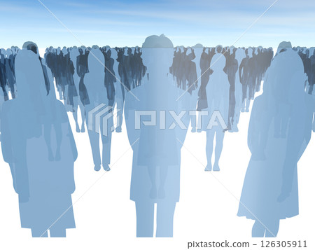 Silhouettes of people queuing up, mostly men, 3D illustration Silhouettes of people queuing up, mostly men, 3D illustration 126305911