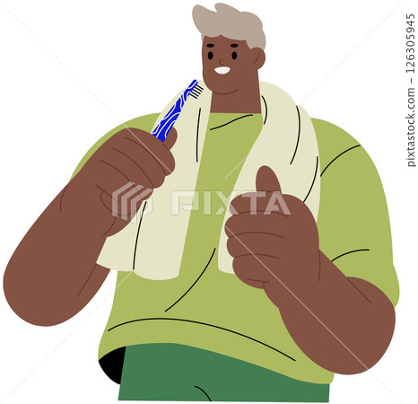 People brush teeth. Young black man holding toothbrush in hand, show thumbs up. Cleaning tooth, care about dental health, oral hygiene. Water treatments flat isolated vector illustration. People brush teeth. Young black man holding toothbrush in hand, show thumbs up. Cleaning tooth, care about dental health, oral hygiene. Water treatments flat isolated vector illustration. 126305945