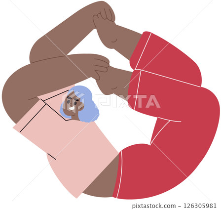 Black Woman in Floor Bow asana, yoga pose. Flexible girl stretching in Dhanurasana posture, position. Female training, practicing body workout. Flat vector illustration isolated on white background 126305981