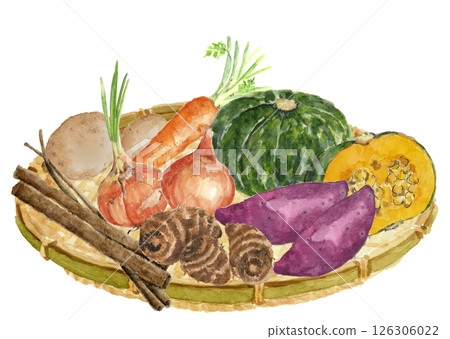 以水彩手繪的白色背景上各種冬季蔬菜的插圖，可供剪切，並留有影印空間 126306022