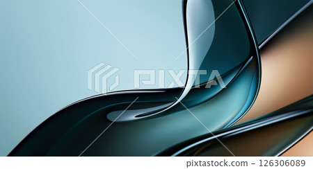 This artwork showcases elegant glass shapes that intertwine in smooth curves, displaying a harmonious blend of soft blue and earthy tones, ideal for modern design concepts. 126306089
