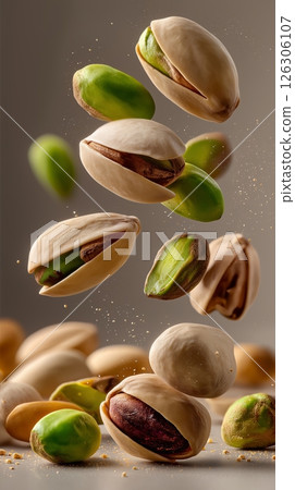 Many pistachio nuts and green kernels falling together, detailed shells and crumbs in mid-motion 126306107