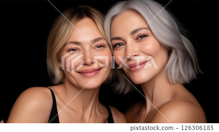 Two happy women with short blonde and gray hair smiling closely together against a dark black background 126306185