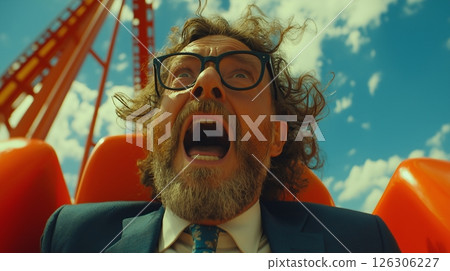 Bearded man in glasses rides a roller coaster with a shocked expression as wind blows his hair 126306227