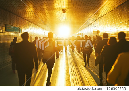 Silhouettes of people walking through a bright underground passage glowing with intense sunlight 126306233