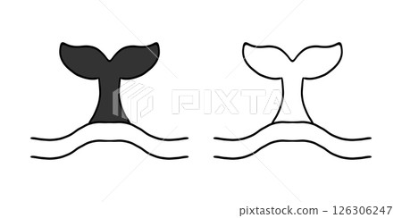 Whale Tale Icon ocean animal, mammal tail line sketch. Vintage simple silhouette with waves. Minimalistic simple tattoo drawing. Whale Tale Icon ocean animal, mammal tail line sketch. Vintage simple silhouette with waves. Minimalistic simple tattoo drawing. 126306247