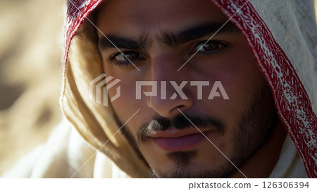 Young man with short beard in a red-trimmed keffiyeh gazes calmly in sunlight, face softly shadowed 126306394