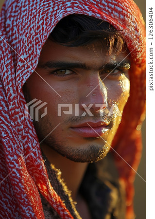 Young man with a red keffiyeh stares ahead, his sunlit face glistening with sweat and determination Young man with a red keffiyeh stares ahead, his sunlit face glistening with sweat and determination 126306404
