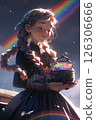 Young girl in a traditional dress, feeling magical while holding a colorful orb in a vibrant outdoor setting with a rainbow background 126306666