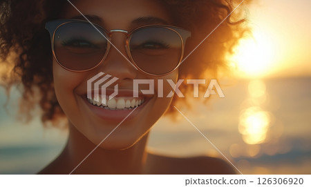 Wine glasses stand side by side on a table in a city street cafe with golden light in the distance 126306920