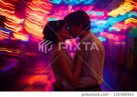 Wine glasses stand side by side on a table in a city street cafe with golden light in the distance Wine glasses stand side by side on a table in a city street cafe with golden light in the distance 126306983