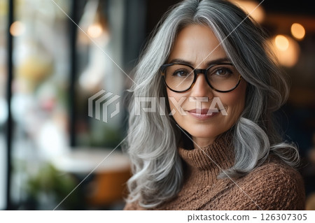 Brunette woman in blue smiles brightly while chatting at a cozy indoor cafe with blurred background 126307305