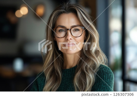 Brunette woman in blue smiles brightly while chatting at a cozy indoor cafe with blurred background 126307306