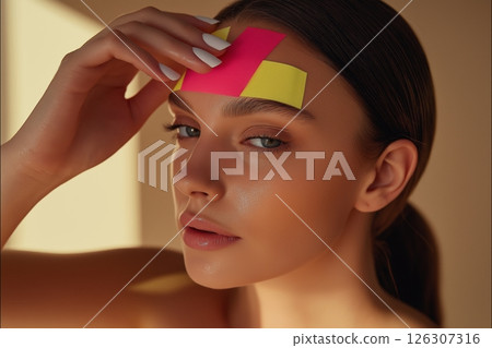 Brunette woman in blue smiles brightly while chatting at a cozy indoor cafe with blurred background 126307316