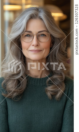 Brunette woman in blue smiles brightly while chatting at a cozy indoor cafe with blurred background 126307328