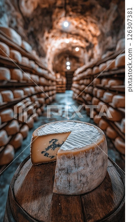 Bright pink goggles curve across a womans face, her glowing skin highlighted against a blue background 126307381